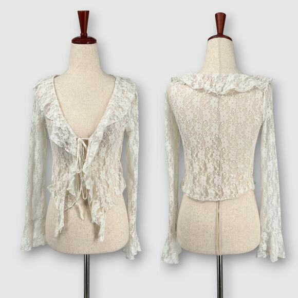 Good Luck Gem Ivory Lace Tie Front Long Sleeve Coquette Top Size Small - Picture 7 of 7